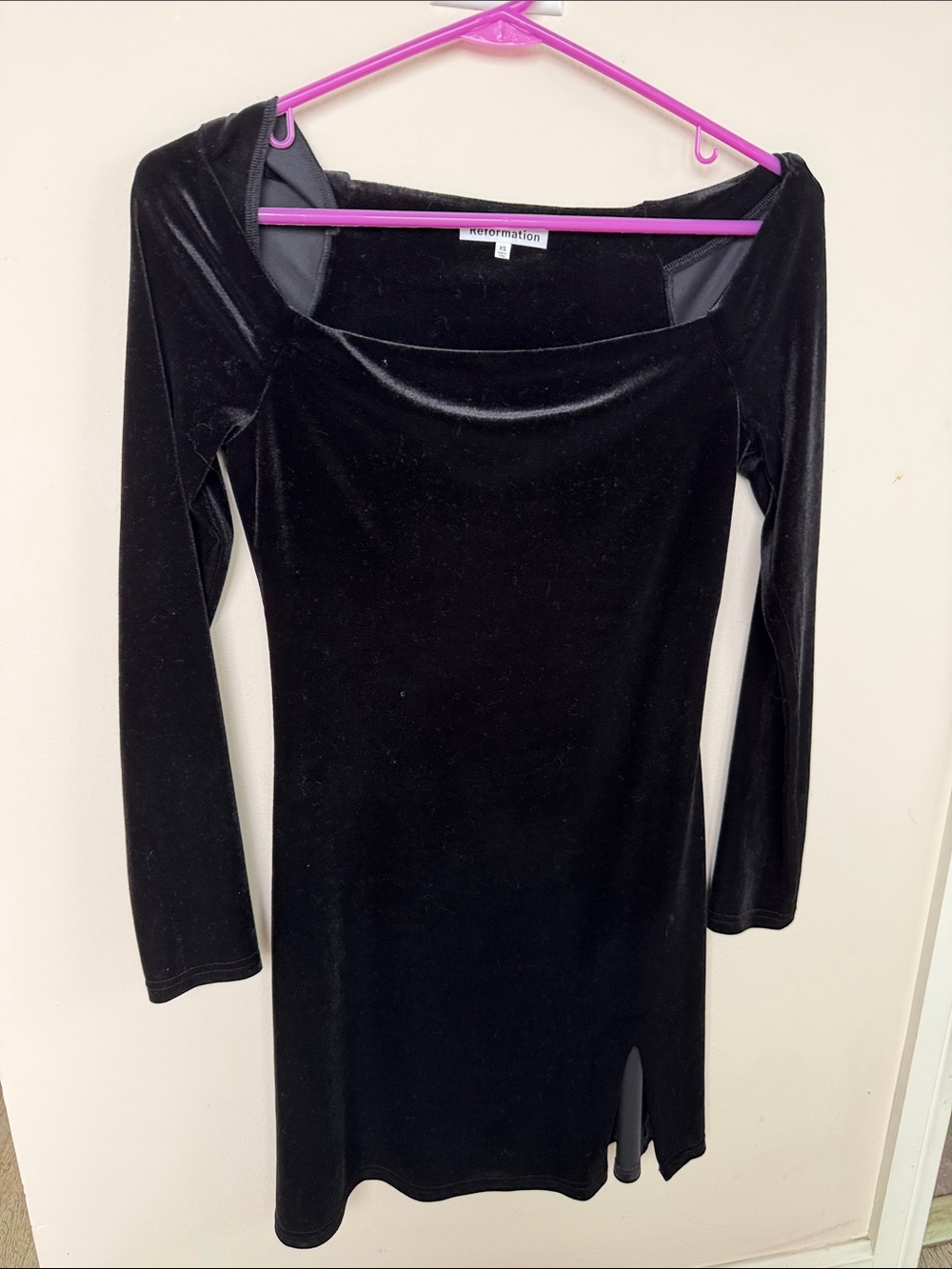 Reformation Black Velvet Long-Sleeve Square Neck Mini Dress